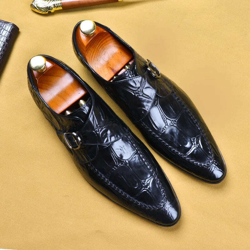 KIMLUD, Genuine Leather Luxury Man Loafers Monk Strap Men Formal Dress Shoes Fashion Business Wedding Crocodile Pattern Oxford Shoes, black / 6, KIMLUD APPAREL - Womens Clothes