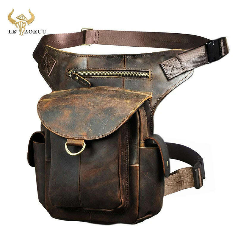 KIMLUD, Genuine Leather Men Design Casual 8&quot; Tablet Messenger Sling Bag Multifunction Fashion Travel Waist Belt Pack Leg Bag Male 9938-G, dark brown, KIMLUD APPAREL - Womens Clothes