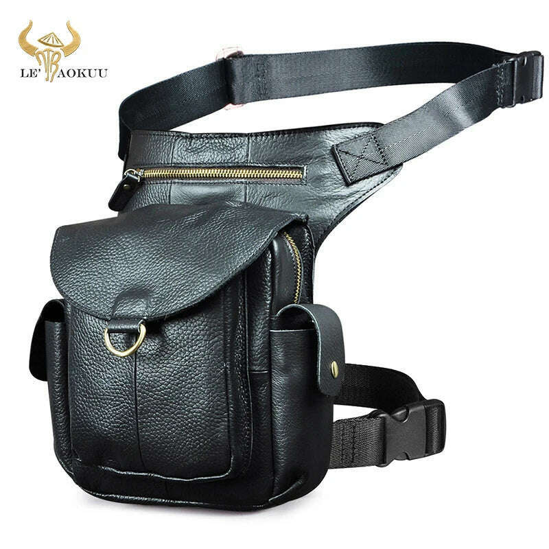 KIMLUD, Genuine Leather Men Design Casual 8&quot; Tablet Messenger Sling Bag Multifunction Fashion Travel Waist Belt Pack Leg Bag Male 9938-G, black, KIMLUD APPAREL - Womens Clothes