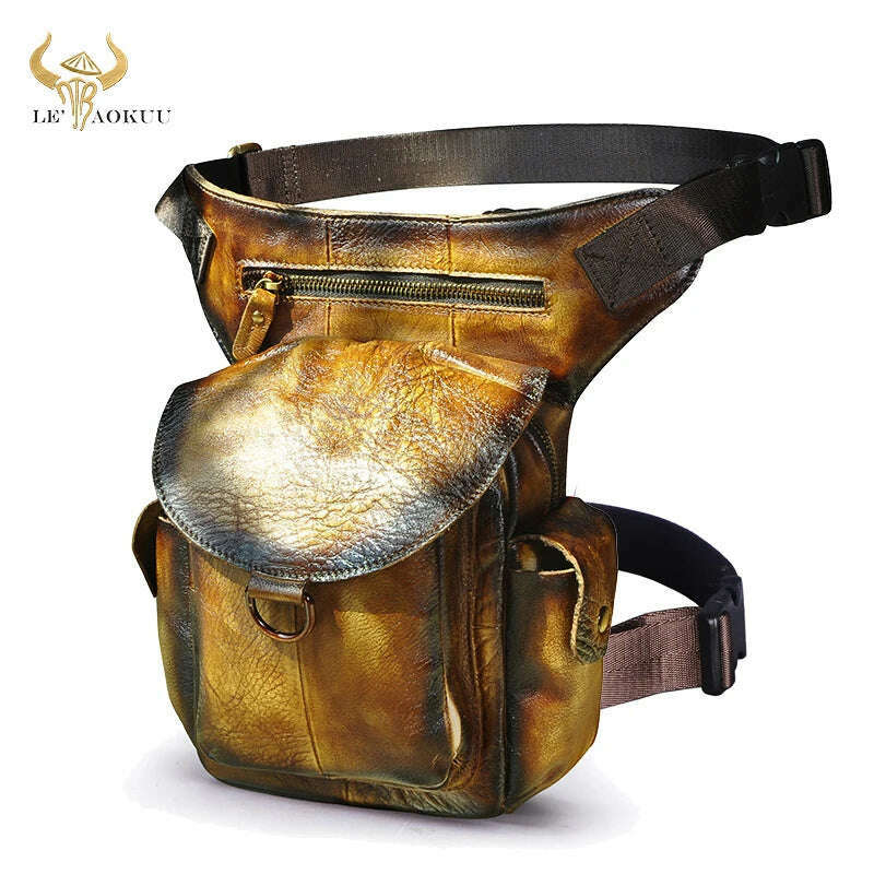 KIMLUD, Genuine Leather Men Design Casual 8&quot; Tablet Messenger Sling Bag Multifunction Fashion Travel Waist Belt Pack Leg Bag Male 9938-G, Orange, KIMLUD APPAREL - Womens Clothes