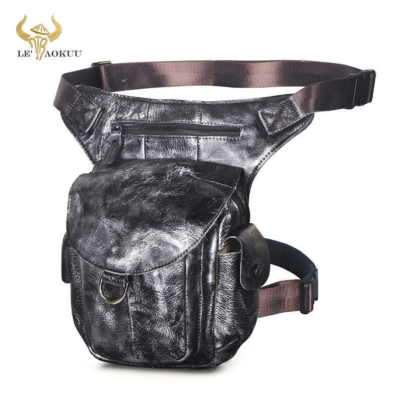 KIMLUD, Genuine Leather Men Design Casual 8&quot; Tablet Messenger Sling Bag Multifunction Fashion Travel Waist Belt Pack Leg Bag Male 9938-G, Silver, KIMLUD APPAREL - Womens Clothes