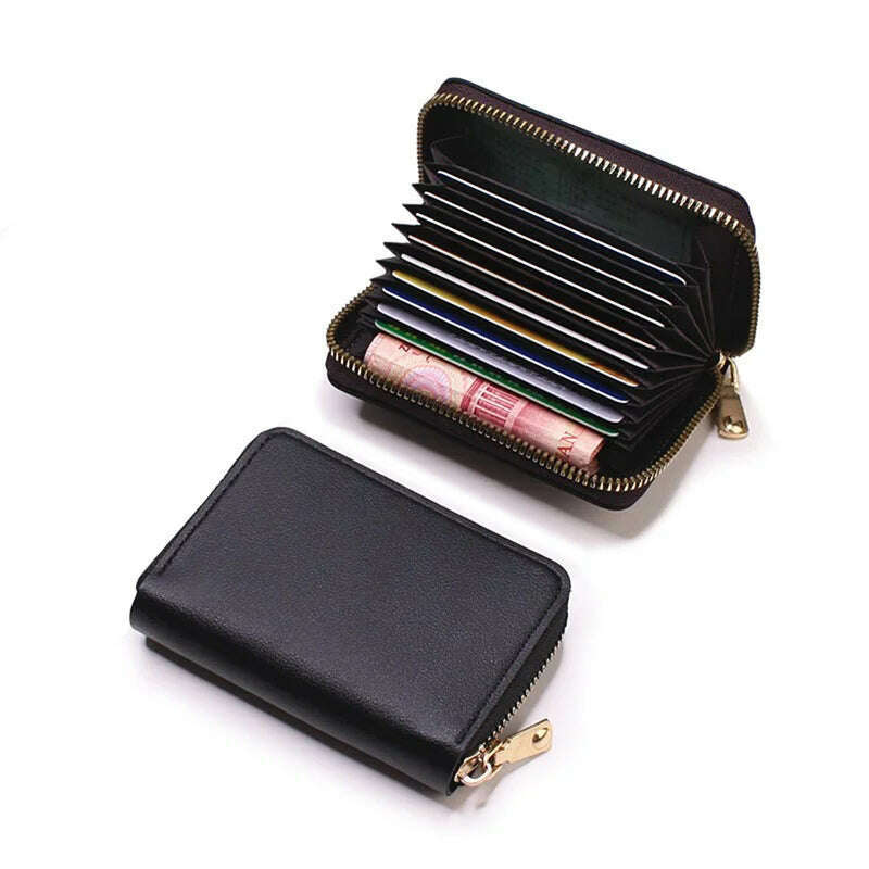 Genuine Leather Men Women Card Holder Small Zipper Wallet Solid Coin Purse Accordion Design rfid ID Business Credit Card Bags - KIMLUD