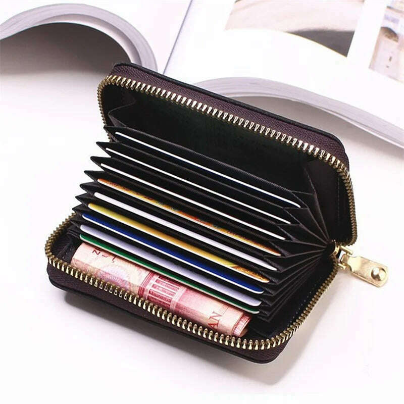 Genuine Leather Men Women Card Holder Small Zipper Wallet Solid Coin Purse Accordion Design rfid ID Business Credit Card Bags - KIMLUD