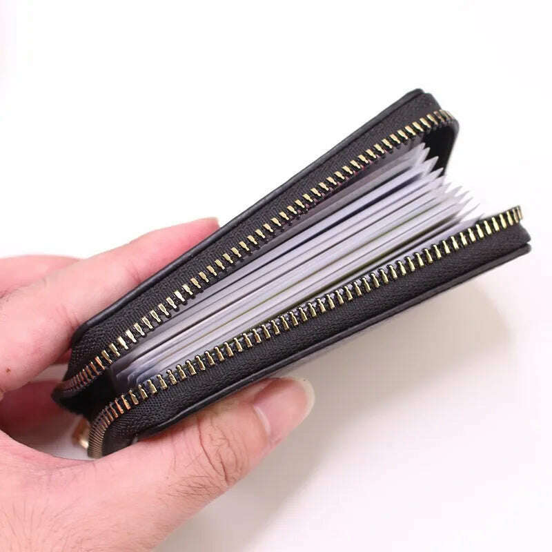 Genuine Leather Men Women Card Holder Small Zipper Wallet Solid Coin Purse Accordion Design rfid ID Business Credit Card Bags - KIMLUD