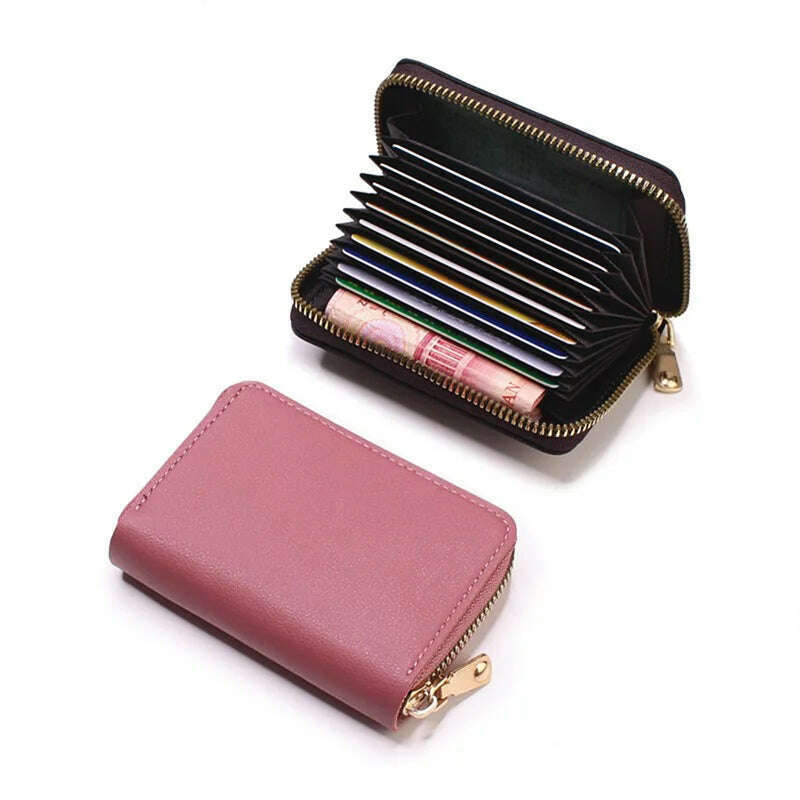 Genuine Leather Men Women Card Holder Small Zipper Wallet Solid Coin Purse Accordion Design rfid ID Business Credit Card Bags - KIMLUD