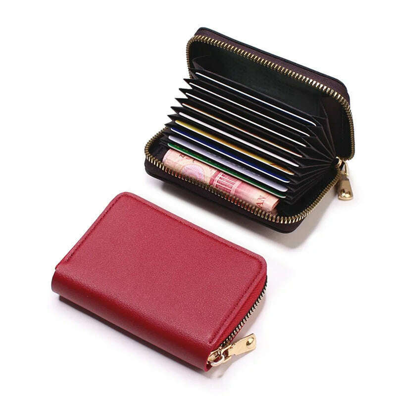 Genuine Leather Men Women Card Holder Small Zipper Wallet Solid Coin Purse Accordion Design rfid ID Business Credit Card Bags - KIMLUD