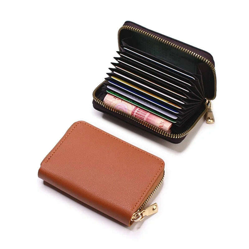 Genuine Leather Men Women Card Holder Small Zipper Wallet Solid Coin Purse Accordion Design rfid ID Business Credit Card Bags - KIMLUD