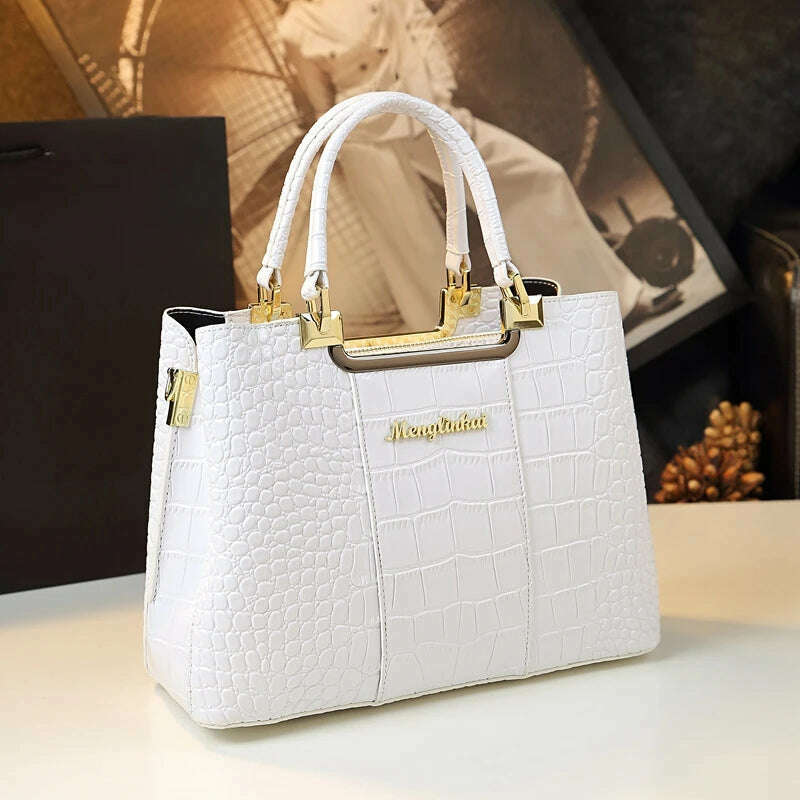 KIMLUD, Genuine Leather Women Handbag 2023 New Fashion Brand Crocodile Pattern Lady Portable Tote Bag Shoulder Crossbody Bags For Female, White, KIMLUD APPAREL - Womens Clothes