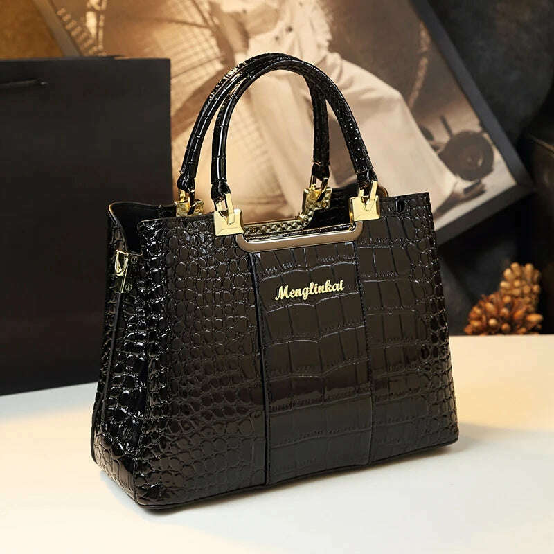 KIMLUD, Genuine Leather Women Handbag 2023 New Fashion Brand Crocodile Pattern Lady Portable Tote Bag Shoulder Crossbody Bags For Female, Black, KIMLUD APPAREL - Womens Clothes