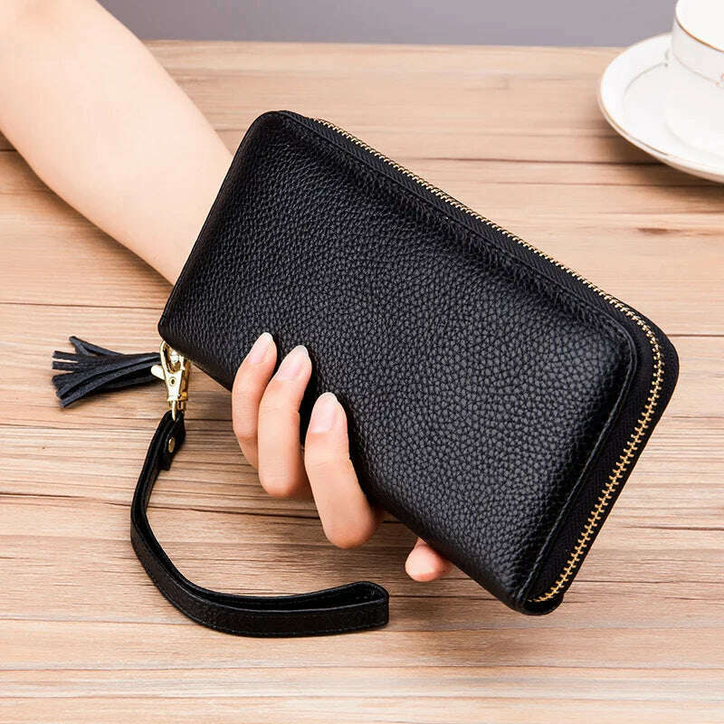 Genuine Leather Women Solid Long Wallets Ladies Tassel Design Clutch Female Phone Money Bag Coin Zipper Purse Rfid Card Holder - KIMLUD