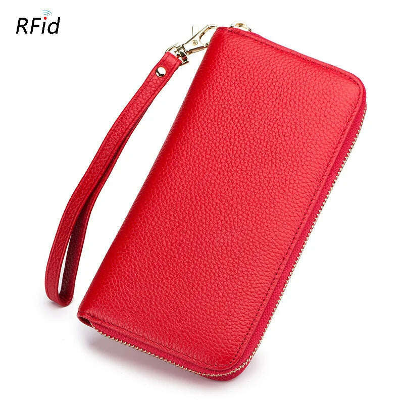 KIMLUD, Genuine Leather Women Solid Long Wallets Ladies Tassel Design Clutch Female Phone Money Bag Coin Zipper Purse Rfid Card Holder, Red, KIMLUD APPAREL - Womens Clothes