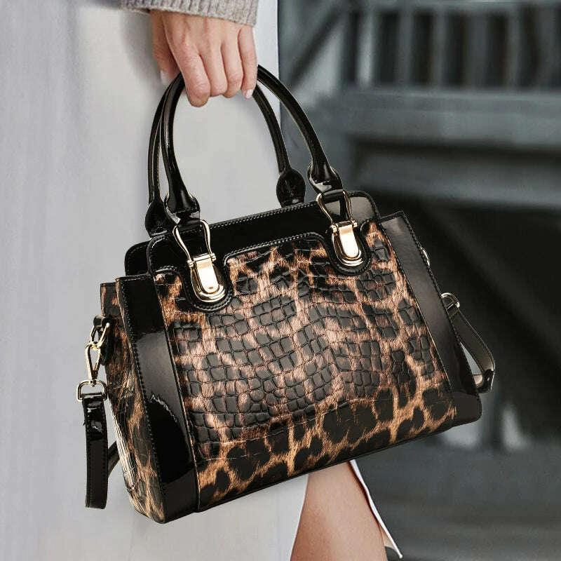 Genuine leather women's bag, leopard print handbag, large-capacity fashion trend, first-layer cowhide one-shoulder crossbody bag - KIMLUD