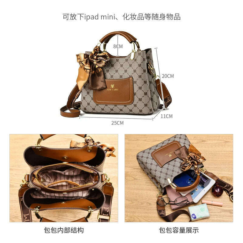 Geometric Letter Pattern Satchel Bag, Letter Patch & Scarf Decor Purse, Elegant Shoulder Bag For Women - KIMLUD