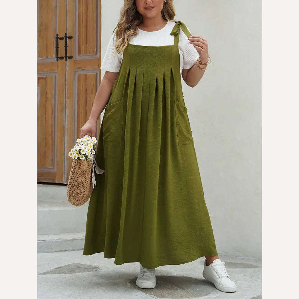 KIMLUD, GIBSIE Plus Size Solid Tie Shoulder Overalls Dress For Women 2024 Summer Casual Loose Sleeveless Maxi Long Dresses with Pockets, Green / XXL, KIMLUD APPAREL - Womens Clothes