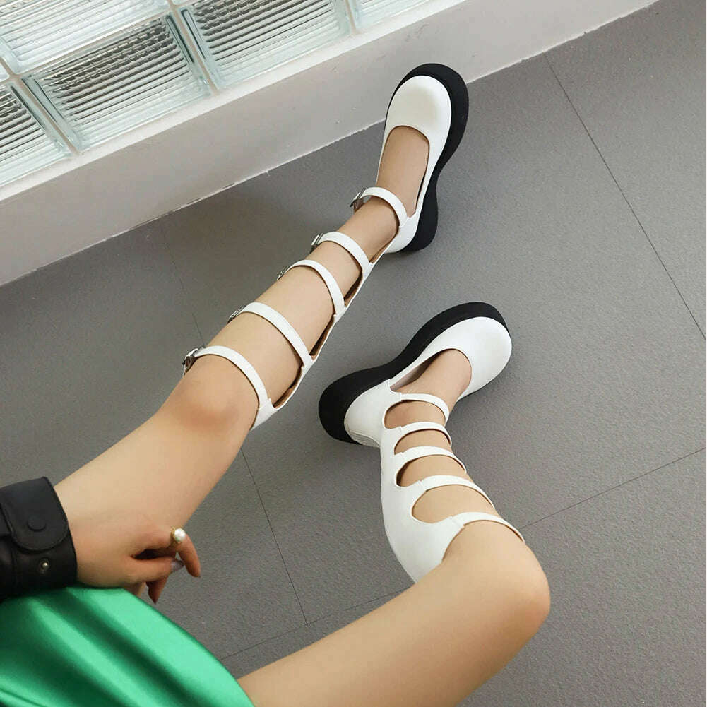 KIMLUD, Girl Wedges Thick Platform Mary Janes Women Shoes Buckle Hollow Motorcycle Cool Boots Sandals New Designer Lolita Women Shoes, KIMLUD Womens Clothes