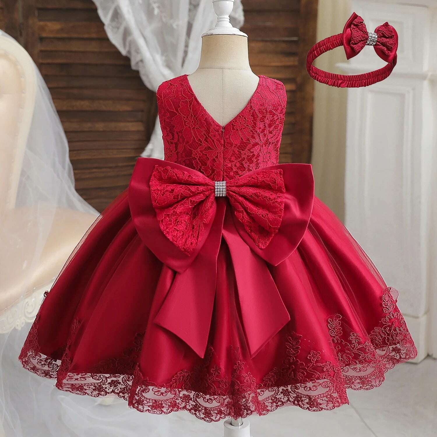 Girls Formal Wedding Party Dress for 1-5Y Infant Birthday Christening Lace Elegant Gown Christams Flower Dresses for Baby Girl - KIMLUD