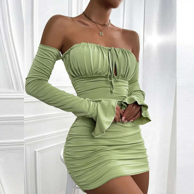 KIMLUD, Giyu Sexy Bodycon Dress Women 2023 Autumn Club Party Dresses  Lace Up Off Shoulder Backless Flare Long Sleeve Ruched Mini Robe, Bean Paste Green / Xs, KIMLUD APPAREL - Womens Clothes