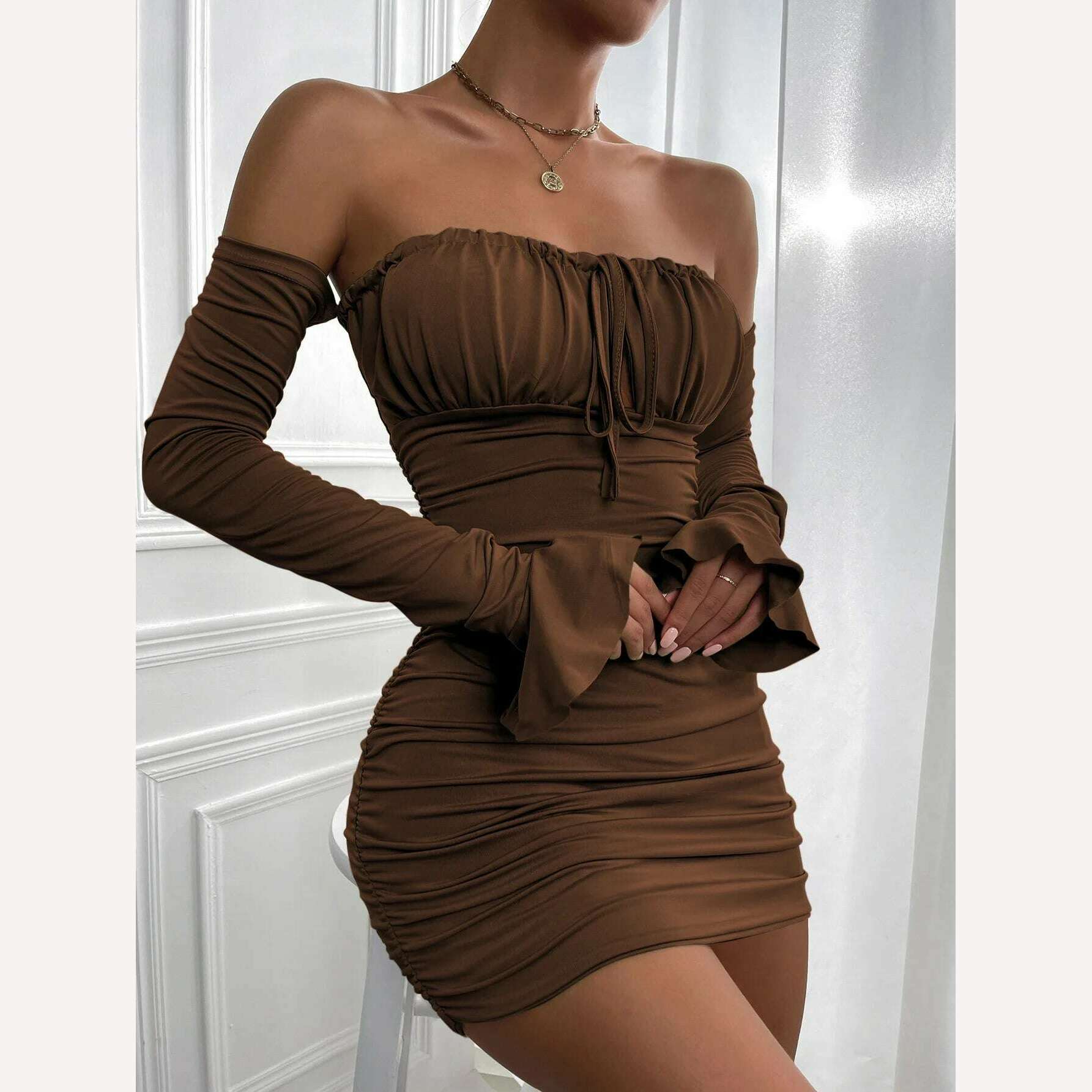 KIMLUD, Giyu Sexy Bodycon Dress Women 2023 Autumn Club Party Dresses  Lace Up Off Shoulder Backless Flare Long Sleeve Ruched Mini Robe, dark coffee / Xs, KIMLUD APPAREL - Womens Clothes