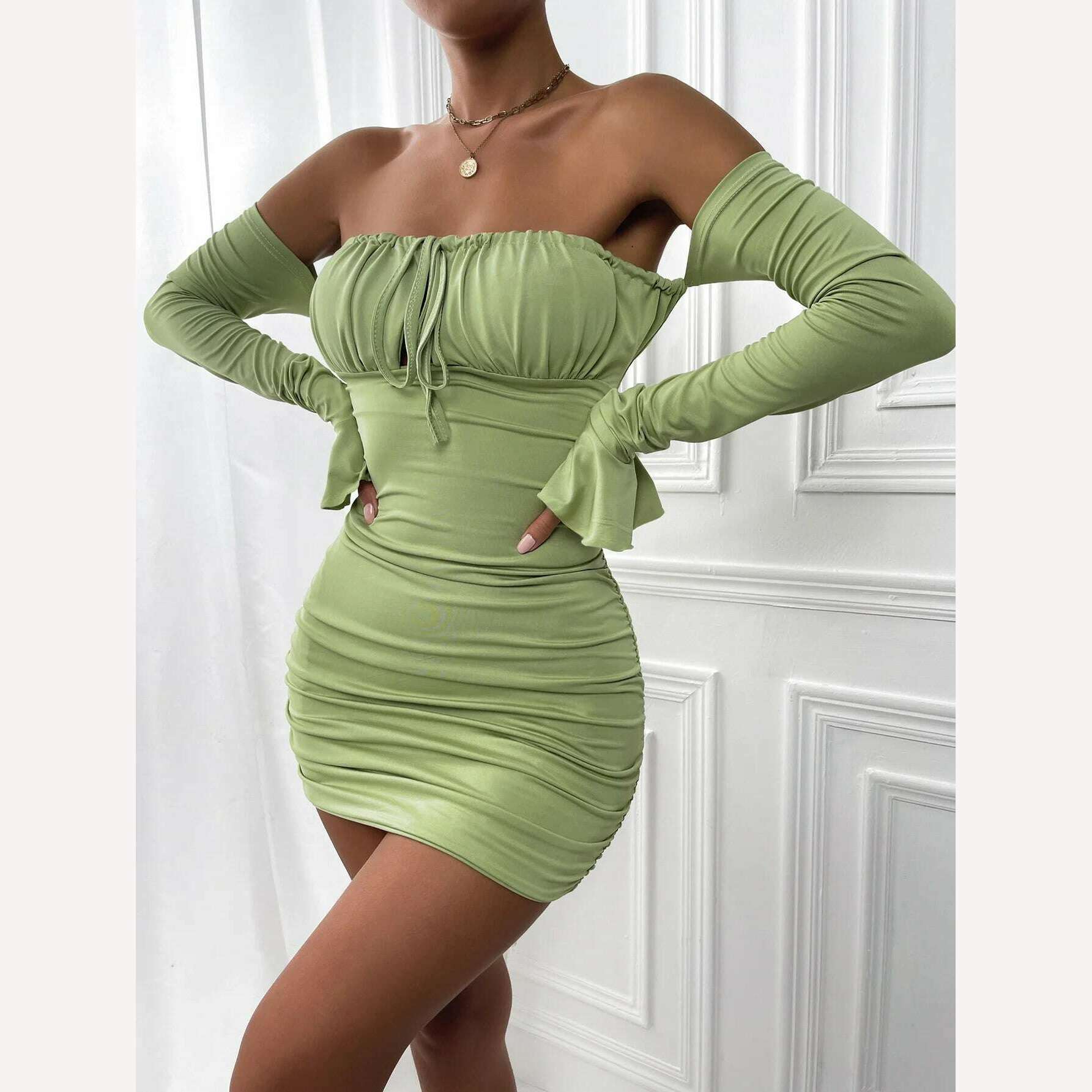 KIMLUD, Giyu Sexy Bodycon Dress Women 2023 Autumn Club Party Dresses  Lace Up Off Shoulder Backless Flare Long Sleeve Ruched Mini Robe, KIMLUD Womens Clothes