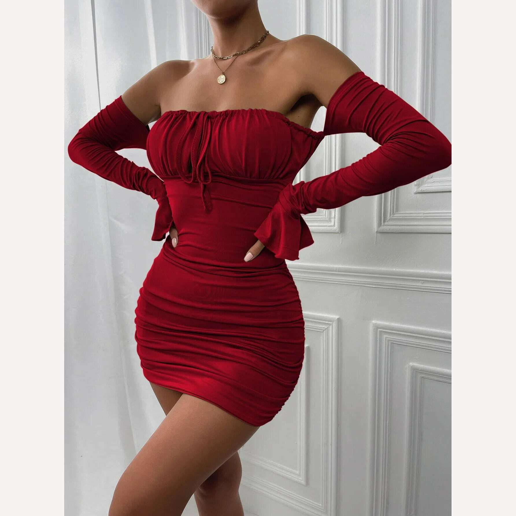 KIMLUD, Giyu Sexy Bodycon Dress Women 2023 Autumn Club Party Dresses  Lace Up Off Shoulder Backless Flare Long Sleeve Ruched Mini Robe, KIMLUD Womens Clothes