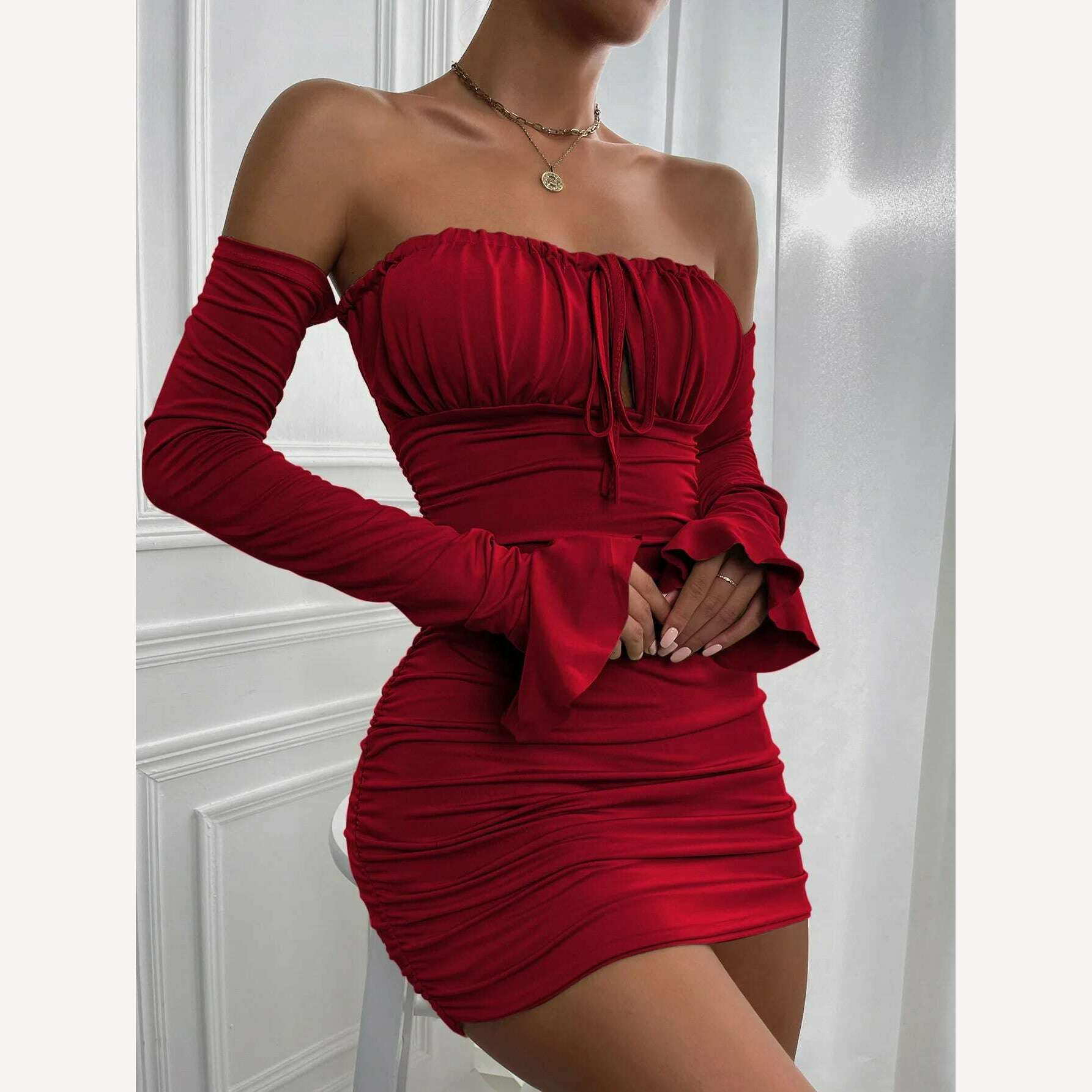 KIMLUD, Giyu Sexy Bodycon Dress Women 2023 Autumn Club Party Dresses  Lace Up Off Shoulder Backless Flare Long Sleeve Ruched Mini Robe, KIMLUD Womens Clothes