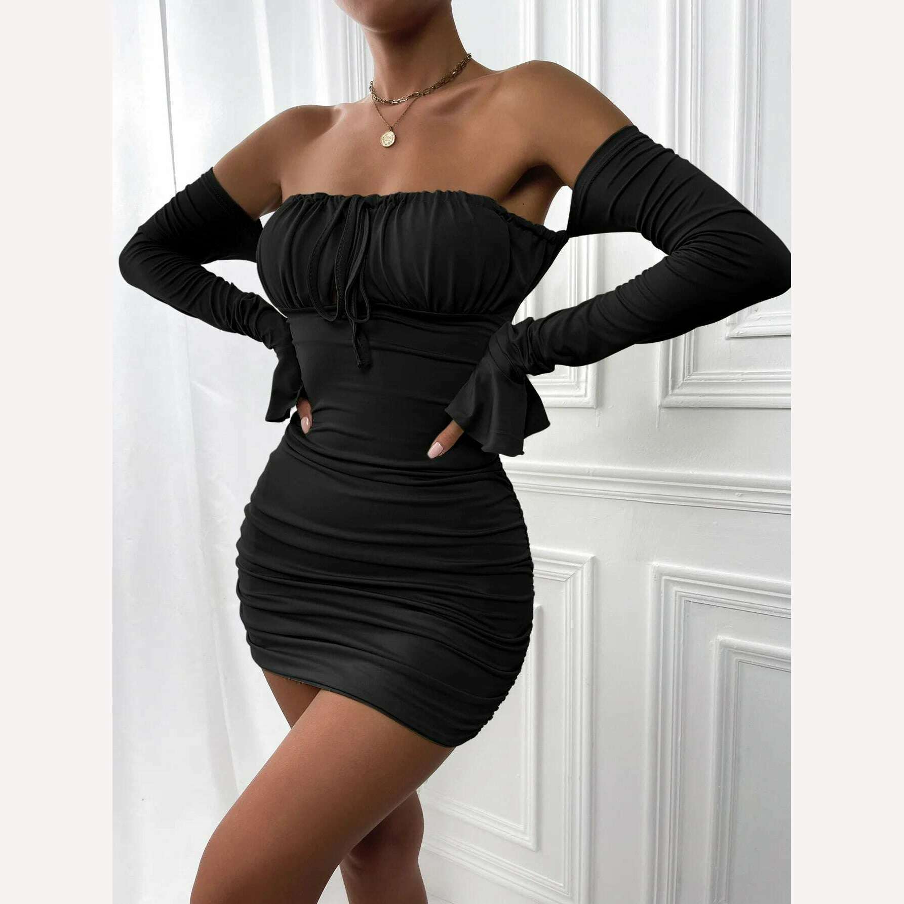 KIMLUD, Giyu Sexy Bodycon Dress Women 2023 Autumn Club Party Dresses  Lace Up Off Shoulder Backless Flare Long Sleeve Ruched Mini Robe, KIMLUD Womens Clothes