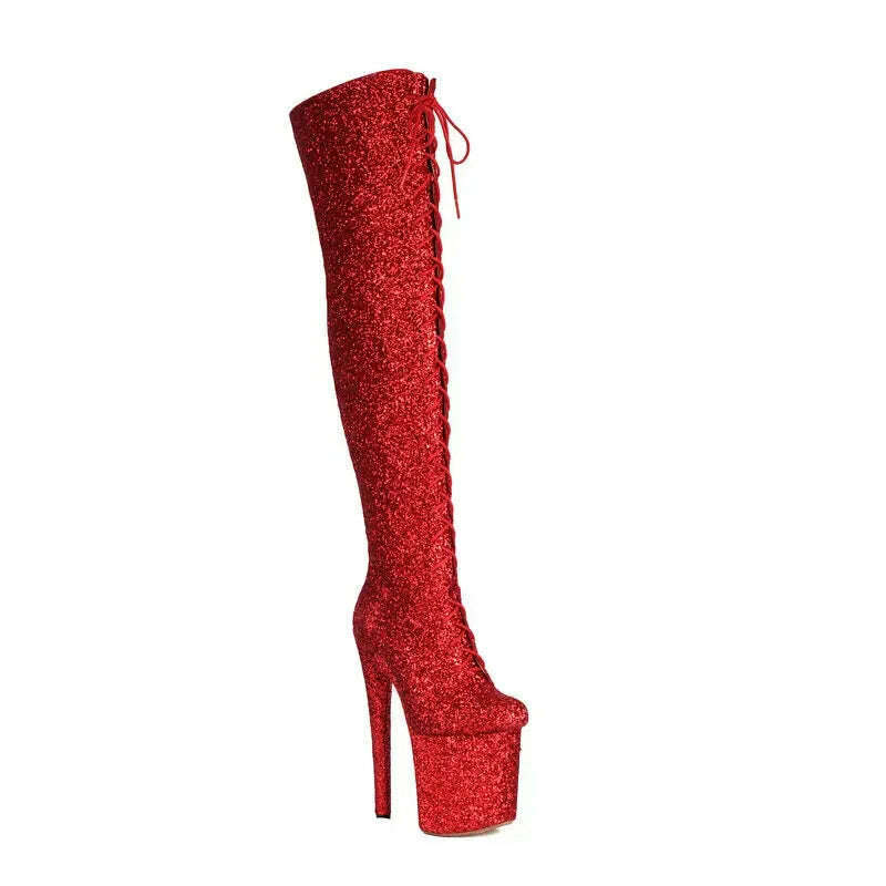 KIMLUD, Glitter Bling Bling Shiny Pole Dance Women Sexy Shoes Super Spike High Heels Overknees Lace-up Platform Stripper Thigh Boots, Red / 4, KIMLUD APPAREL - Womens Clothes