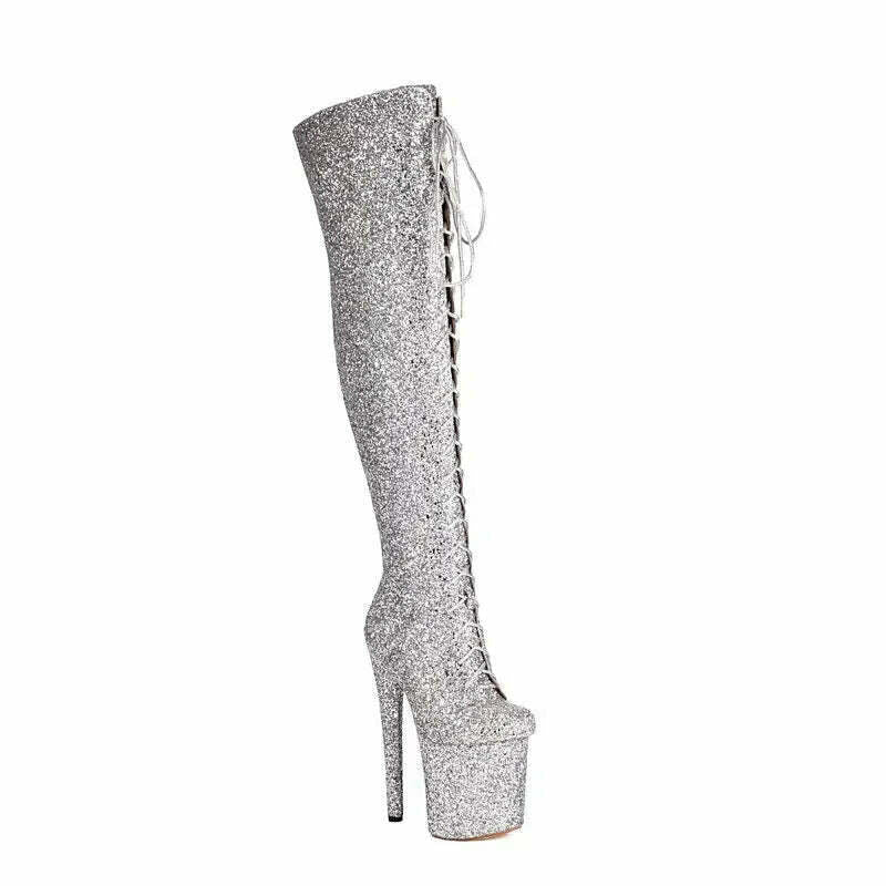 KIMLUD, Glitter Bling Bling Shiny Pole Dance Women Sexy Shoes Super Spike High Heels Overknees Lace-up Platform Stripper Thigh Boots, Silver / 4, KIMLUD APPAREL - Womens Clothes