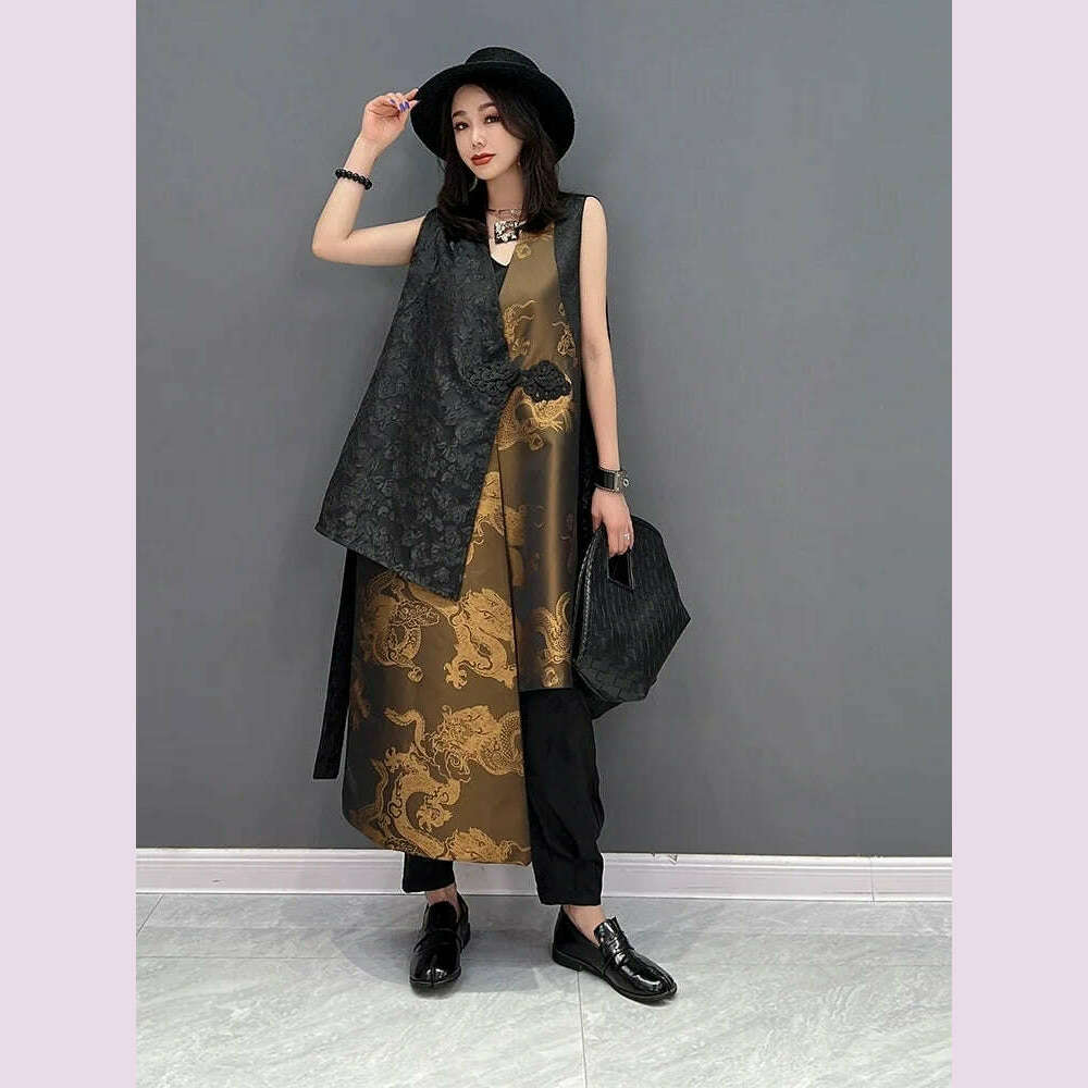 KIMLUD, Gold 2024 spring Summer New Fashion Chinese Style Sleeveless Vest Coat Female Show Slim Versatile Women Irregular Jacket ZXF903, One Size / Black, KIMLUD APPAREL - Womens Clothes