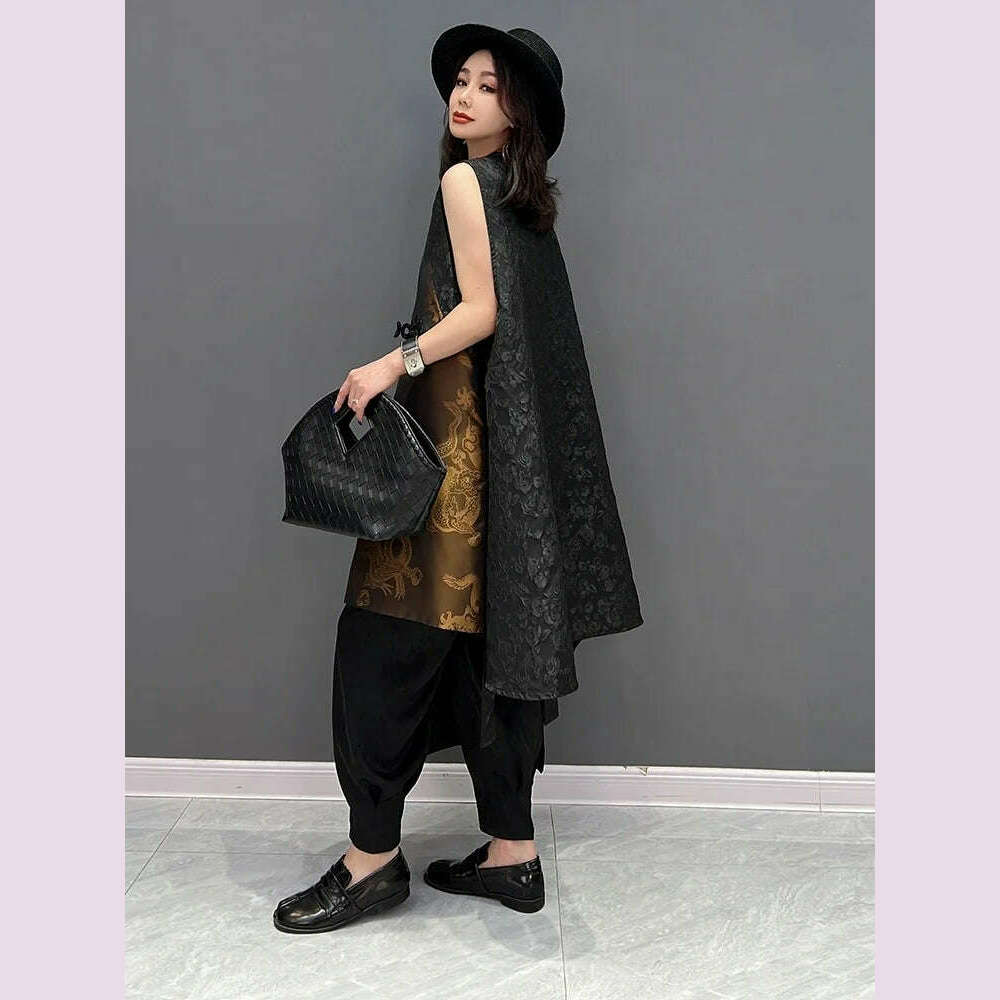 KIMLUD, Gold 2024 spring Summer New Fashion Chinese Style Sleeveless Vest Coat Female Show Slim Versatile Women Irregular Jacket ZXF903, KIMLUD Womens Clothes