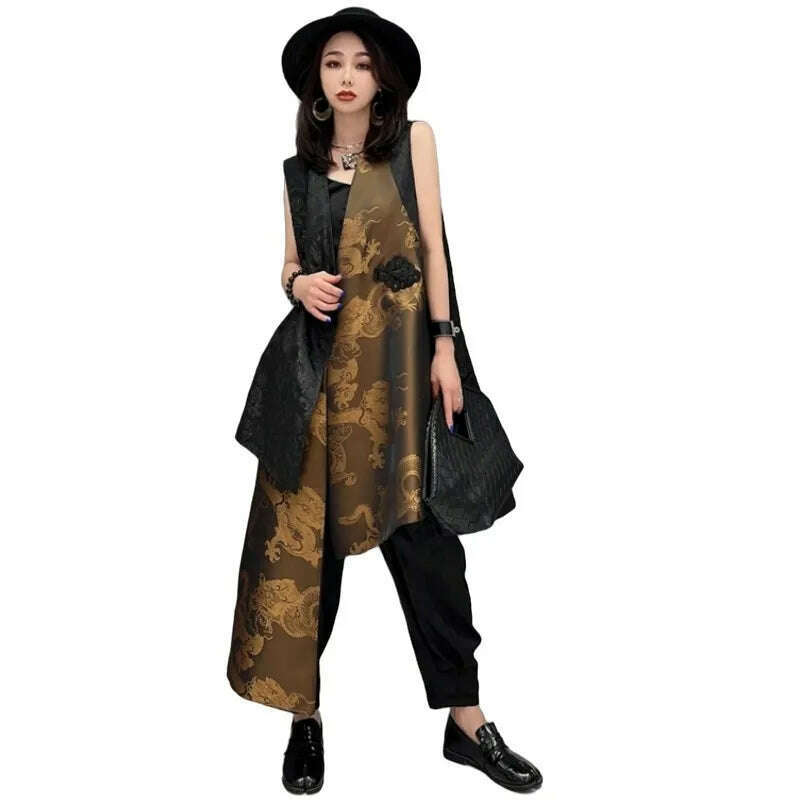 KIMLUD, Gold 2024 spring Summer New Fashion Chinese Style Sleeveless Vest Coat Female Show Slim Versatile Women Irregular Jacket ZXF903, KIMLUD Womens Clothes