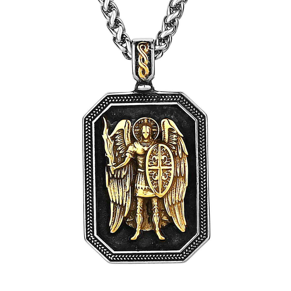 KIMLUD, Gold Archangel Michael Cross Shield Prayer Tag Titanium Stainless Steel Pendant Men&#39;s Amulet Necklace Pendant Gift Wholesale, KIMLUD Womens Clothes