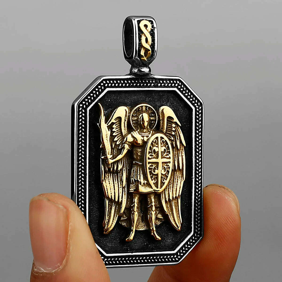 Gold Archangel Michael Cross Shield Prayer Tag Titanium Stainless Steel Pendant Men&#39;s Amulet Necklace Pendant Gift Wholesale - KIMLUD