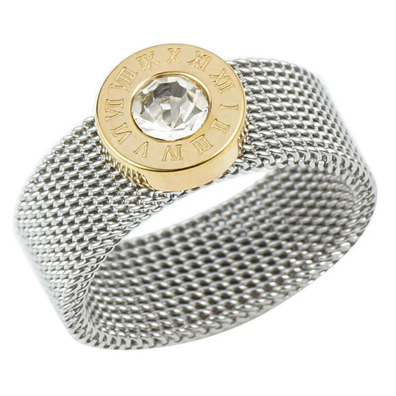 Gold Color Stainless Steel Ring Big Round Crystal Mesh Finger Ring Roman Numerals Rings Round Titanium Ring for Women Men - KIMLUD