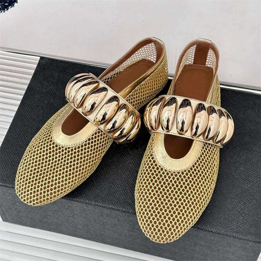 KIMLUD, Gold Hollow Out Women Ballet Flats Mesh Walking Loafers Ladies Mary Janes Elastic Band Flat Shoes Espadrilles Summer Sandals, KIMLUD Womens Clothes