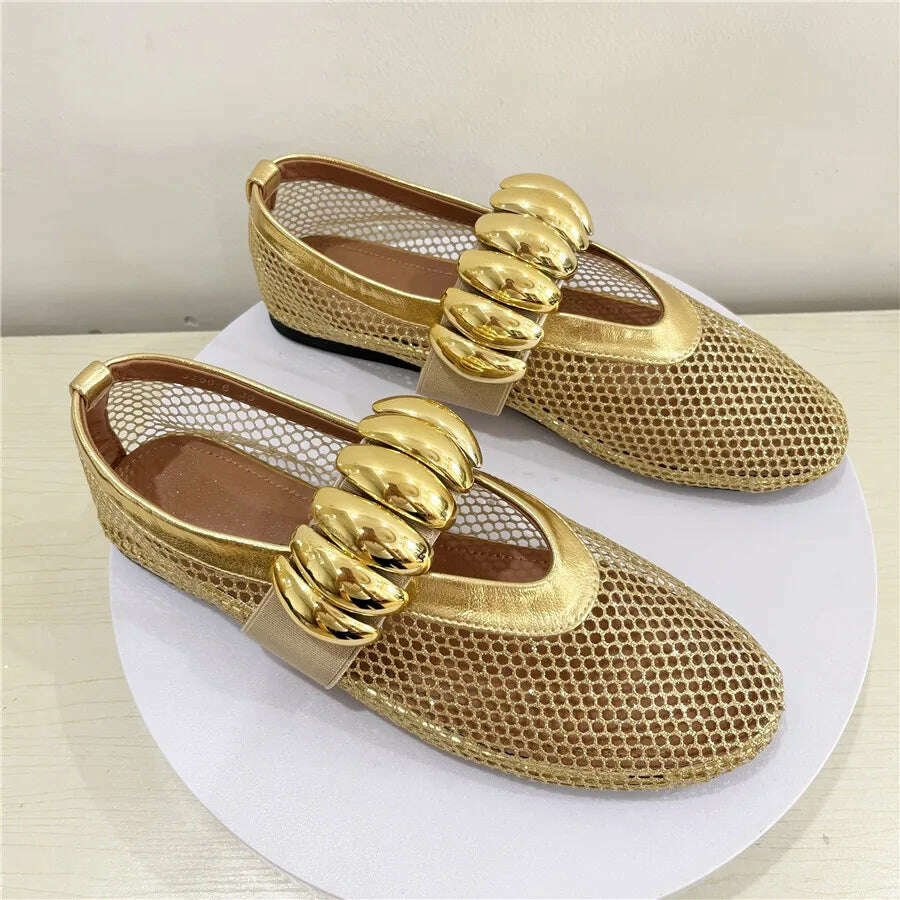 KIMLUD, Gold Hollow Out Women Ballet Flats Mesh Walking Loafers Ladies Mary Janes Elastic Band Flat Shoes Espadrilles Summer Sandals, KIMLUD Womens Clothes