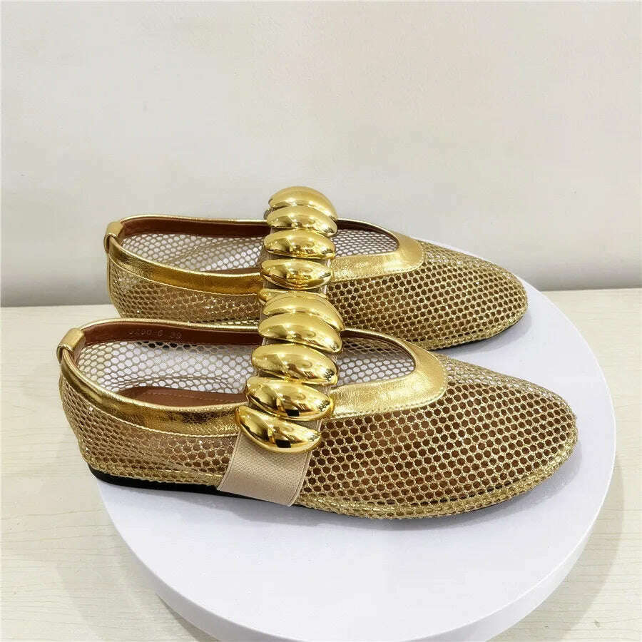 KIMLUD, Gold Hollow Out Women Ballet Flats Mesh Walking Loafers Ladies Mary Janes Elastic Band Flat Shoes Espadrilles Summer Sandals, KIMLUD Womens Clothes