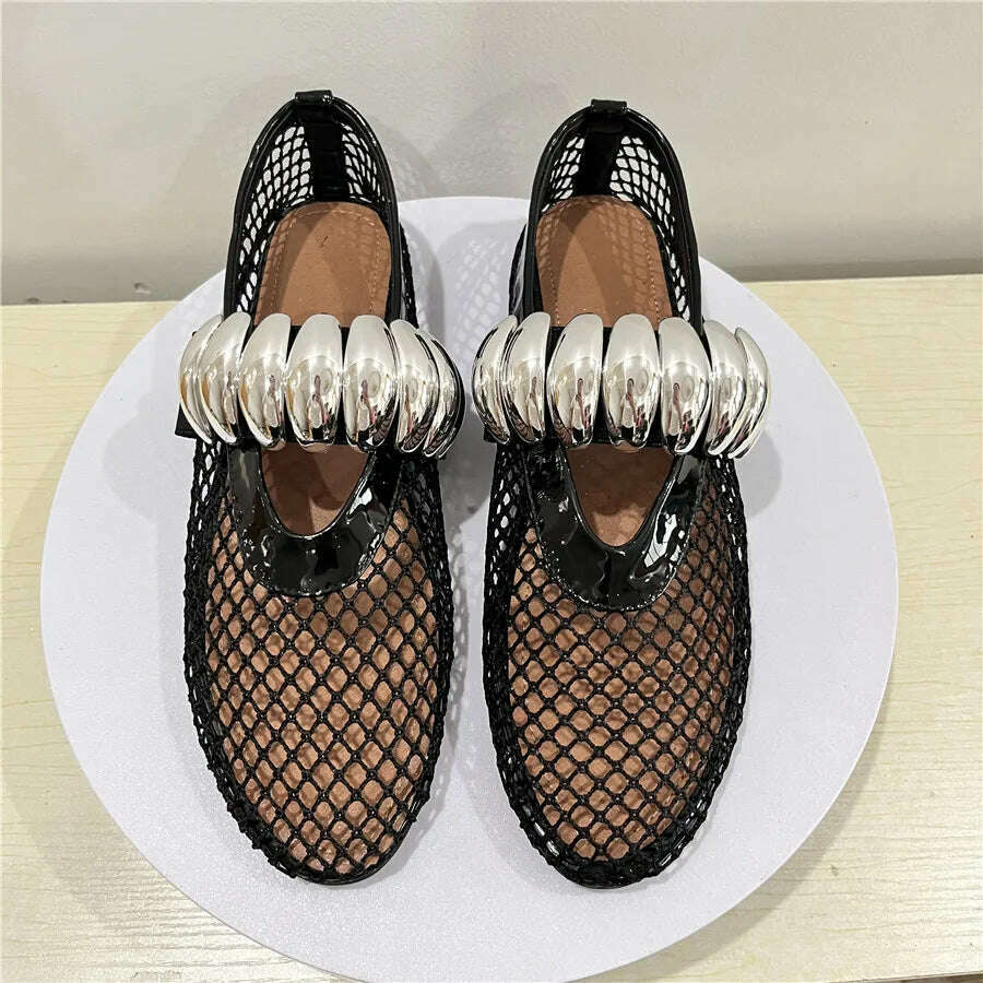 KIMLUD, Gold Hollow Out Women Ballet Flats Mesh Walking Loafers Ladies Mary Janes Elastic Band Flat Shoes Espadrilles Summer Sandals, KIMLUD Womens Clothes