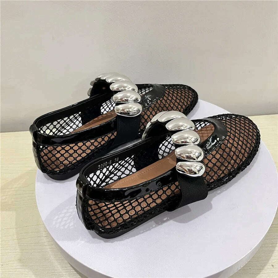 KIMLUD, Gold Hollow Out Women Ballet Flats Mesh Walking Loafers Ladies Mary Janes Elastic Band Flat Shoes Espadrilles Summer Sandals, KIMLUD Womens Clothes