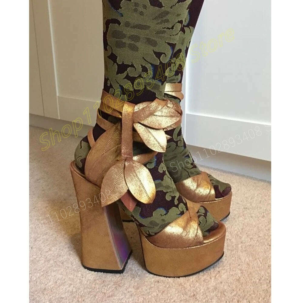 Gold Leaves Decor Runway Sandals Runway Peep Toe Platform Chunky High Heel Fashion Sexy Women Shoes 2024 New Zapatos Para Mujere - KIMLUD