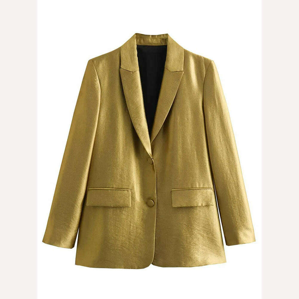 KIMLUD, Gold Loose Blazer Jacket for Women Lapel Collar Jackets Spring Autumn Long Sleeve V Neck Coat Streetwear Lady Elegant Outerwear, Gold / XS, KIMLUD APPAREL - Womens Clothes