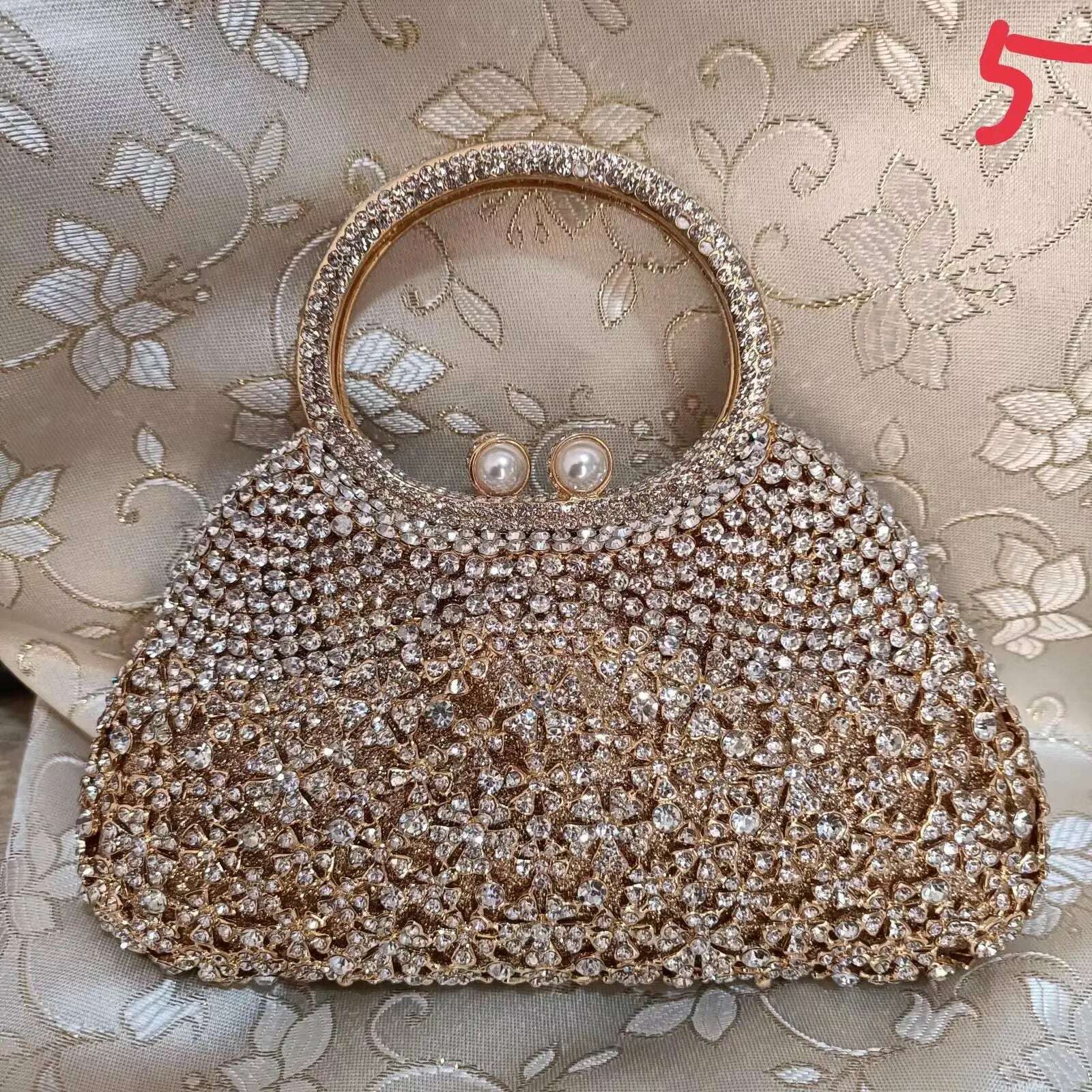 KIMLUD, Gold Metal Pearl Top-Handle White Crystal Clutch Bag High Quality Women's Flower Diamond Wedding Bridal Handbags Fashion Bags, Show As Picture, KIMLUD APPAREL - Womens Clothes