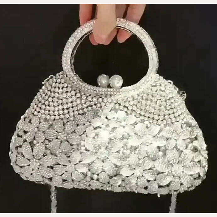 KIMLUD, Gold Metal Pearl Top-Handle White Crystal Clutch Bag High Quality Women's Flower Diamond Wedding Bridal Handbags Fashion Bags, Show As Picture 9, KIMLUD APPAREL - Womens Clothes