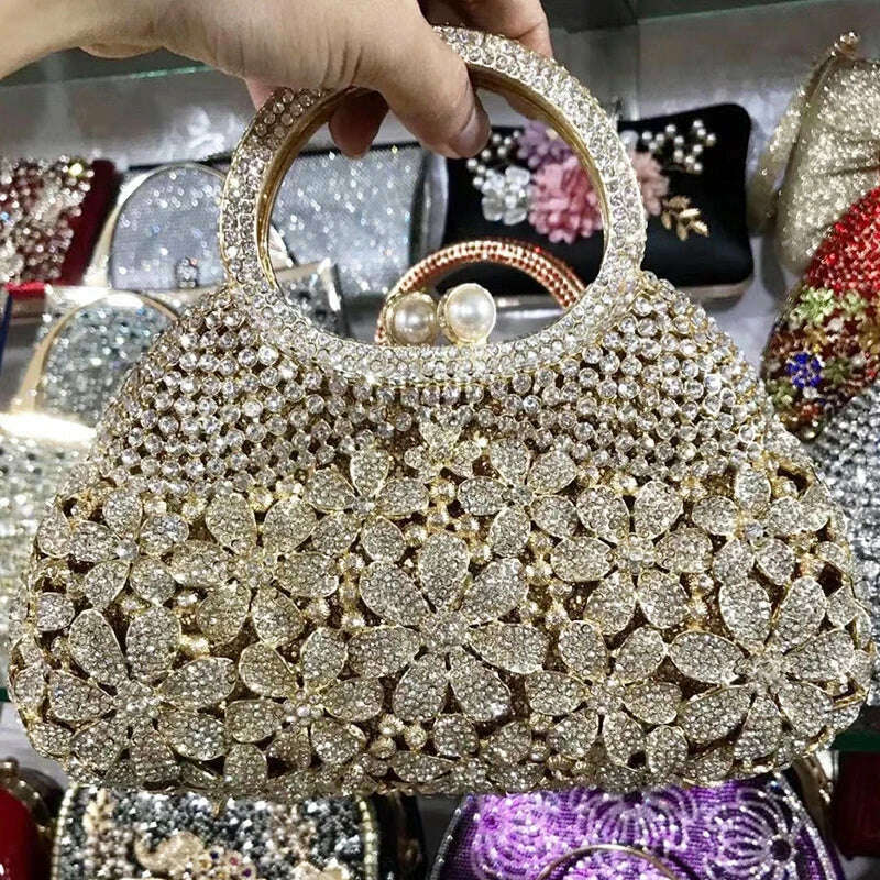 KIMLUD, Gold Metal Pearl Top-Handle White Crystal Clutch Bag High Quality Women's Flower Diamond Wedding Bridal Handbags Fashion Bags, Show As Picture 17, KIMLUD APPAREL - Womens Clothes