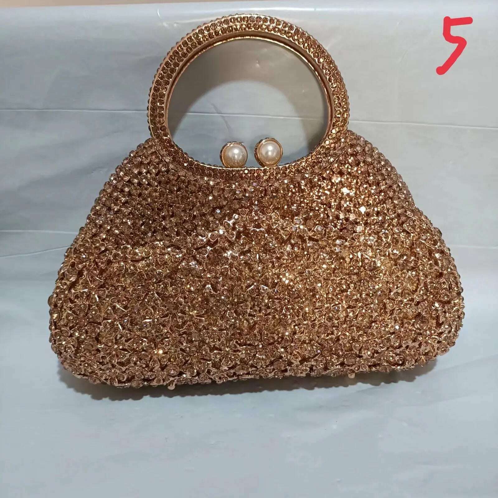 KIMLUD, Gold Metal Pearl Top-Handle White Crystal Clutch Bag High Quality Women's Flower Diamond Wedding Bridal Handbags Fashion Bags, Gold, KIMLUD APPAREL - Womens Clothes