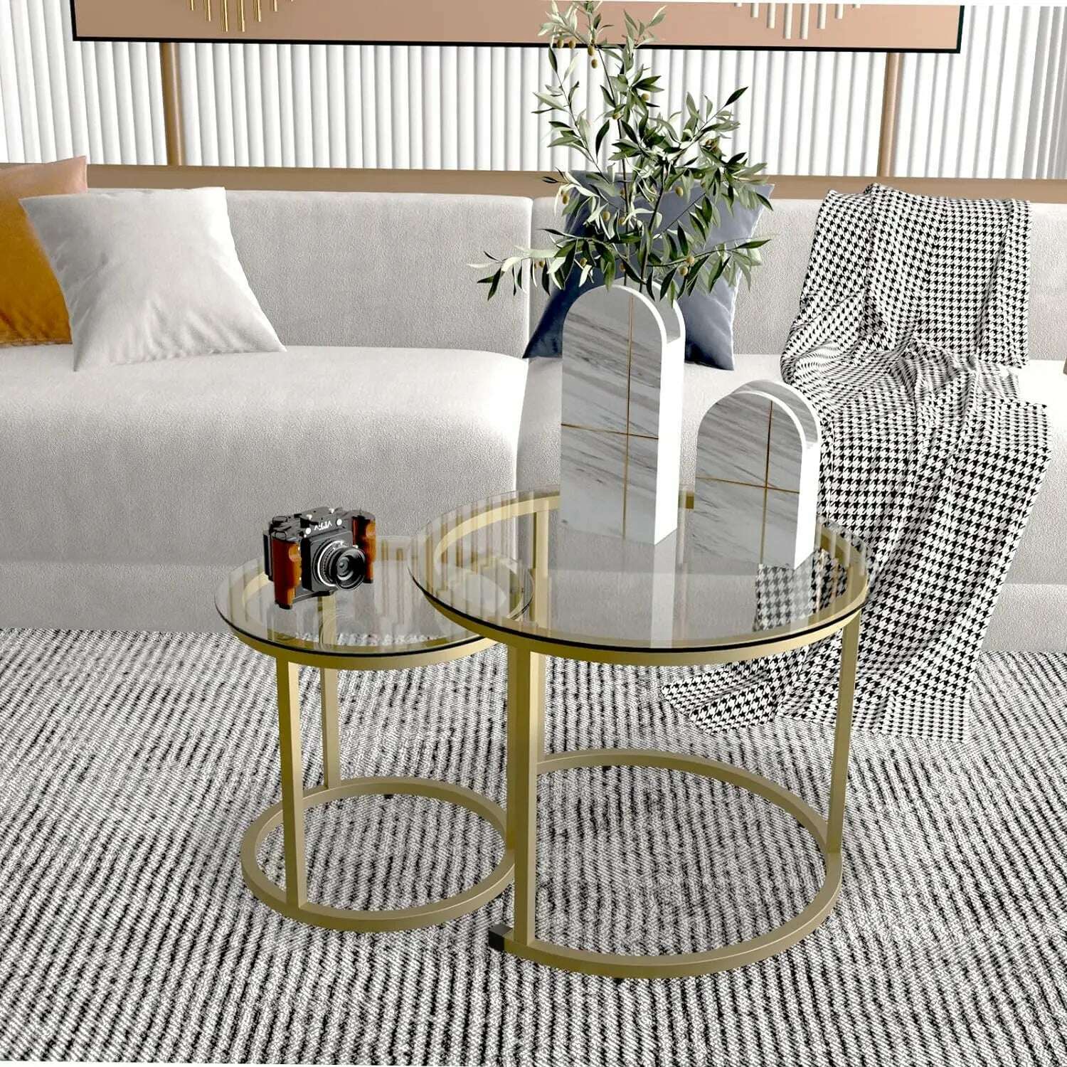 KIMLUD, Gold Nesting Coffee Table Set of 2, Small Glass Nesting Tables for Living Room Bedroom, Accent Tea Table with Metal Frame, KIMLUD Womens Clothes