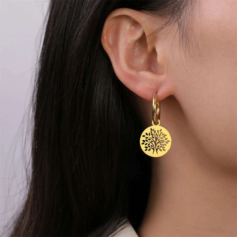 KIMLUD, Gold Plated Tree of Life Rond Dangle Hoop Earrings for Women Stainless Steel Luxury Charm Trend Female Earring Jewelry Gifts, KIMLUD Womens Clothes