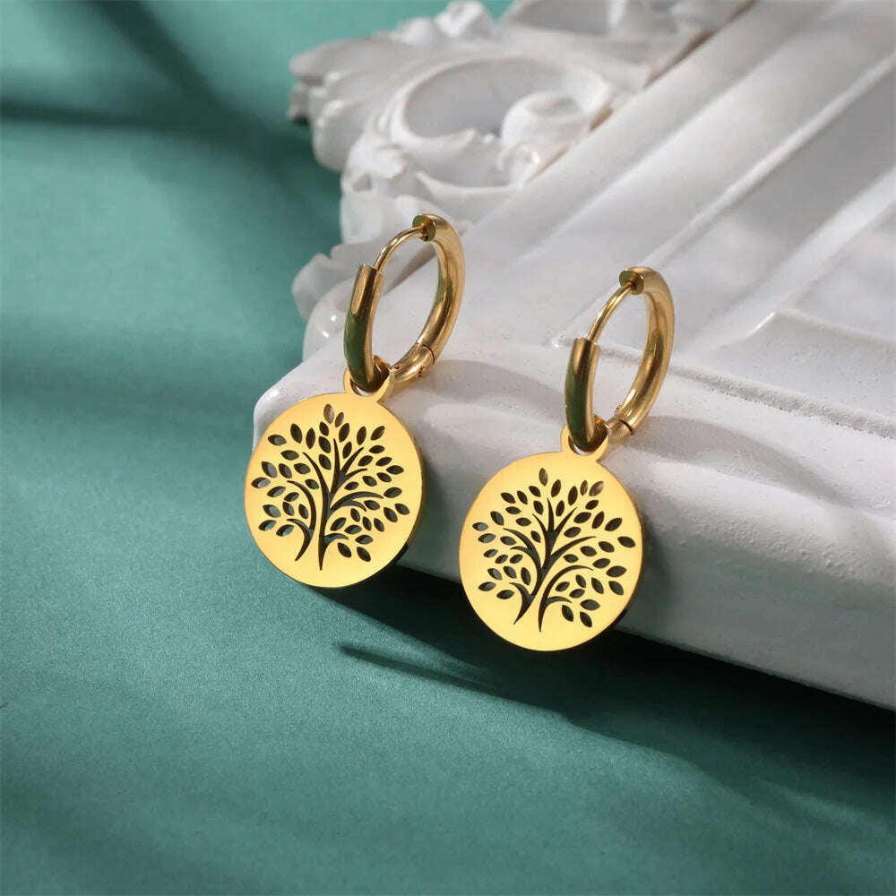 KIMLUD, Gold Plated Tree of Life Rond Dangle Hoop Earrings for Women Stainless Steel Luxury Charm Trend Female Earring Jewelry Gifts, KIMLUD Womens Clothes