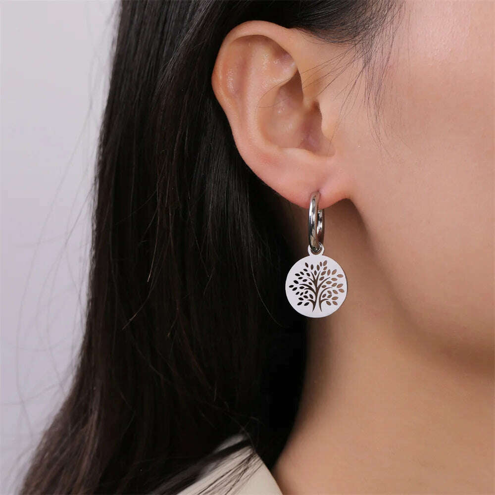 Gold Plated Tree of Life Rond Dangle Hoop Earrings for Women Stainless Steel Luxury Charm Trend Female Earring Jewelry Gifts - KIMLUD