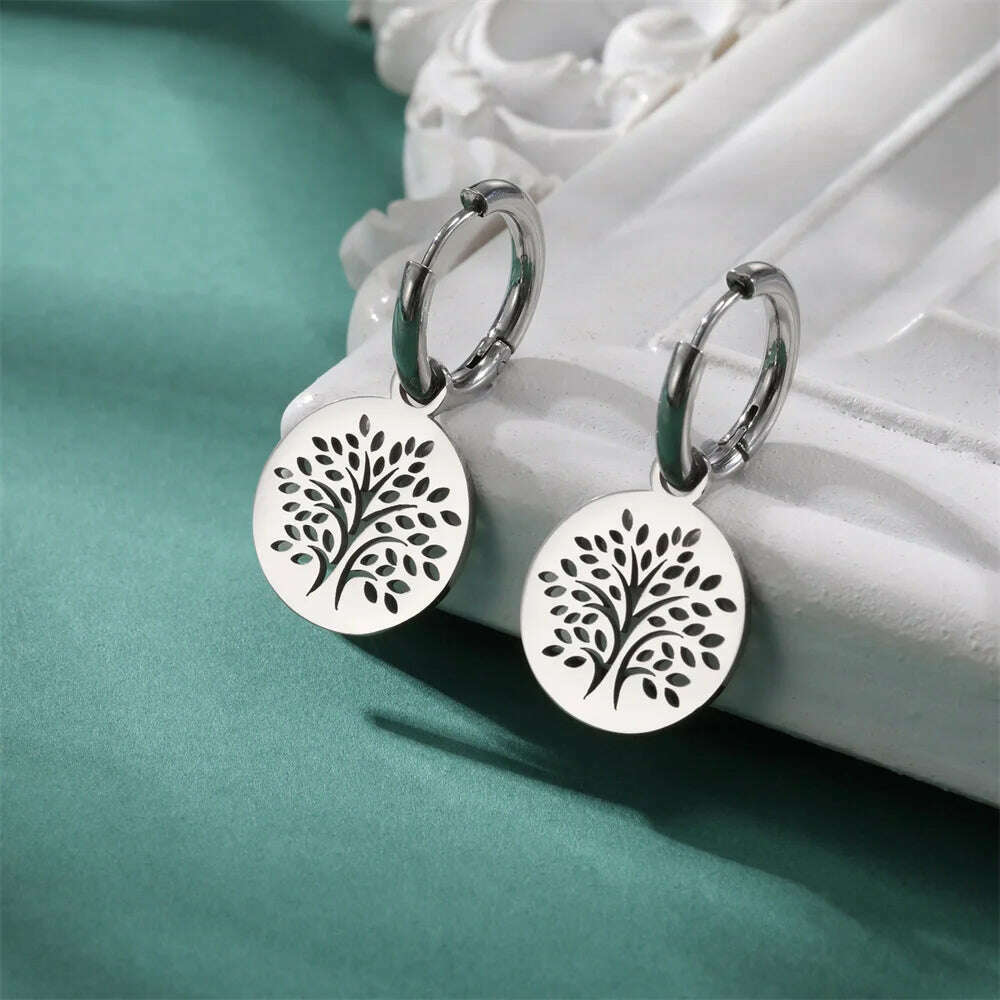 KIMLUD, Gold Plated Tree of Life Rond Dangle Hoop Earrings for Women Stainless Steel Luxury Charm Trend Female Earring Jewelry Gifts, KIMLUD Womens Clothes